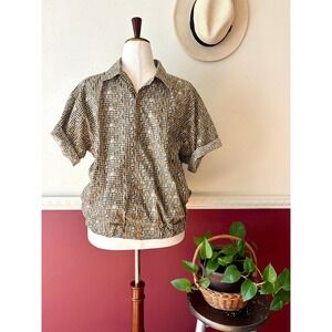 Vintage Haband Button Up Shirt Banded Waist L Pockets Brown Tan Retro Sportswear